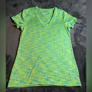 Reebok Light Green and Blue Patterned Athletic Shirt. Short Sleeve V-Neck Size S